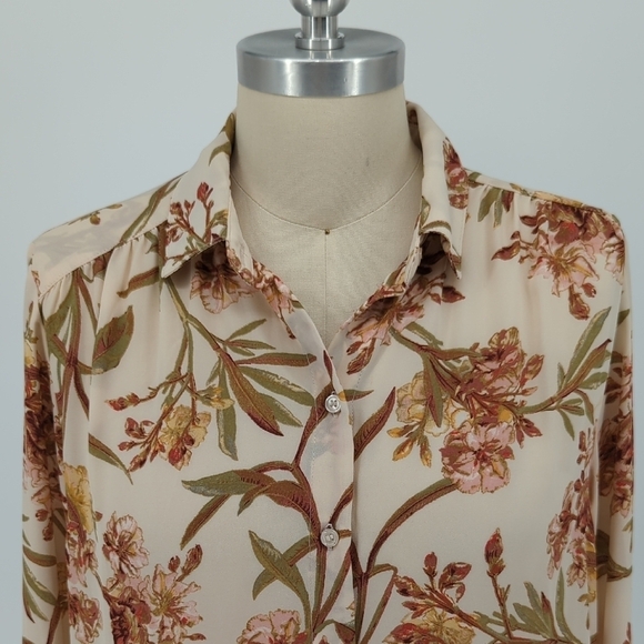H&M Floral Button Down Shirt Cream Pink 6 chiffon bohemian preppy Business casua - Picture 3 of 6